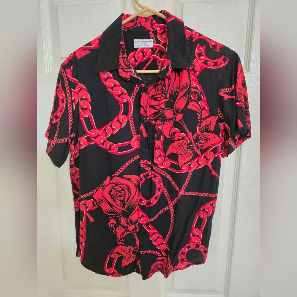 Eigth Avenue Mens Black Red Roses Chains Button Down Short-Sleeve Shirt